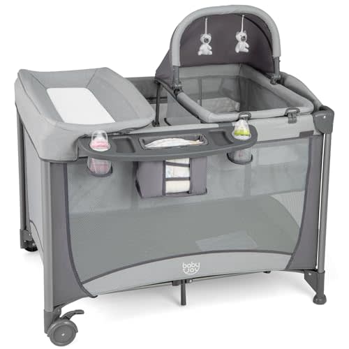 BABY JOY 4 in 1 Pack and Play, Portable Baby Playard with Bassinet & Diaper Changing Table, Infant Bassinet Baby Crib Activity Center with Toys & Oxford Bag from Newborn to Toddlers (Grey, Classic)