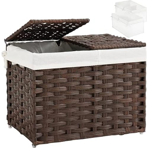 SETVSON Storage Basket with Lid Woven Wicker Baskets with 2 Separate Lid, 9.2 Gallon (35 L) Wicker Storage Bins with Handles, Foldable and 2 Removable Liner Bags for Bedroom, Laundry Room Brown
