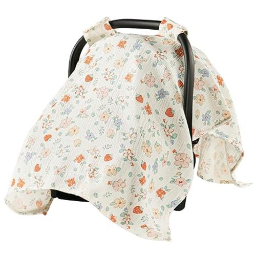 100% Muslin Cotton Car Seat Cover for Baby, Soft Breathable Car Seat Canopy, Universal Infant Carseat Cover Sun Protector, Lightweight Summer Stroller Cover for Boys Girls - Strawberry