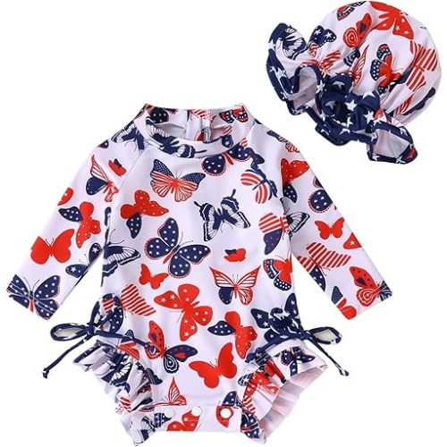 Infant Baby Girl Swimsuit One-Piece Long Sleeve Rash Guard with Hat Set Floral Zipper Bathing Suit Leopard Beach Wear