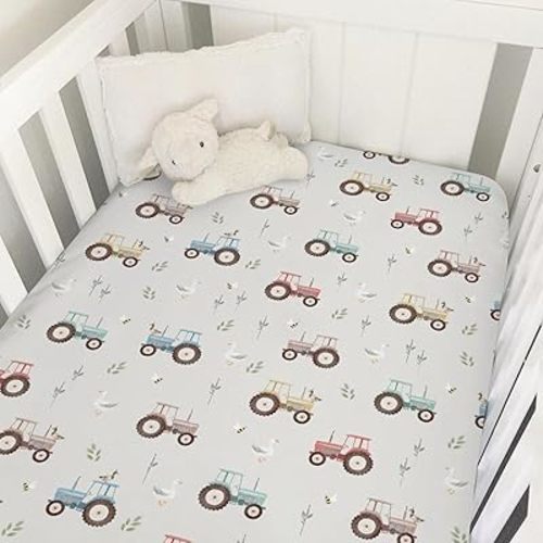 Pastel Farm Trucks Meadow Baby Crib Sheets for Boy Girl Boho Tractors Ducks Bees Leaves Soft Snug Fitted Crib Mattress Covers for 52''x28'' Standard Crib & Toddler Mattress Country Farm Life Bed Sheet