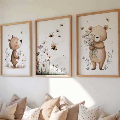 Wall picture set of 3 posters P825 / Bear Bee / Children's room decoration wall pictures