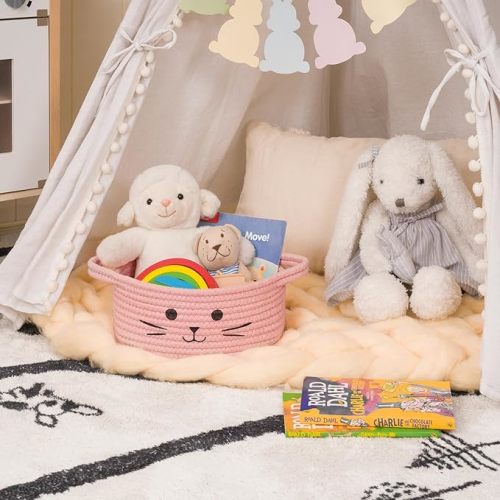 Small Rope Basket, Pink Cute Cat Toy Basket for Living Room, Gift Baskets Empty for Living Room, Decorative woven Baskets for Nursery, Baby Organizing & Towel Storage, 9.8 x 4 inches