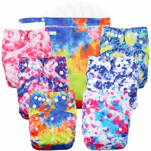 Wegreeco Washable Reusable Baby Cloth Pocket Diapers 6 Pack + 6 Bamboo Inserts (with 1 Wet Bag,Tie-dye)