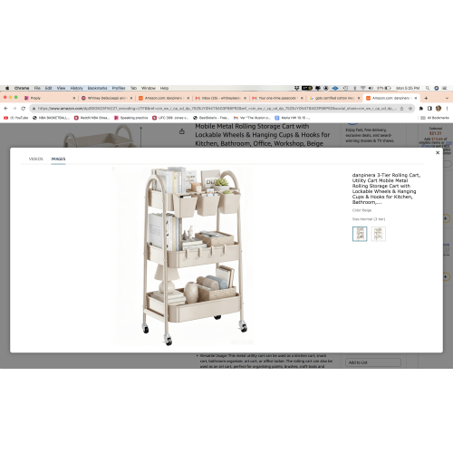 3-Tier Rolling Cart, Utility Cart Mobile Metal Rolling Storage Cart with Lockable Wheels & Hanging Cups & Hooks
