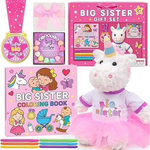 HAPGFS Big Sister Gift Set for Girls - Plush Unicorn with Big Sister Outfit, Coloring Book, Medal, and Bracelet for Girls Age 3-8 from New Baby, Promoted to Bigsis