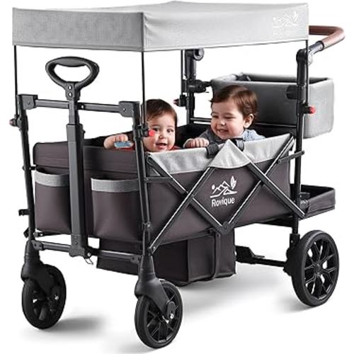 Stroller Wagon for Kids, Premium 2 Seater Kids Wagon Stroller with Removable Canopy, Safety Harness, Adjustable Handlebar & Storage Organizer, All-Terrain Foldable Baby Stroller for Outdoors