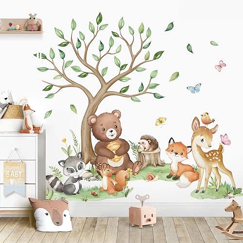 wondever Woodland Animal Tree Wall Stickers Bear Fox Deer Raccoon Peel and Stick Wall Art Decals for Baby Nursery Kids Bedroom Living Room