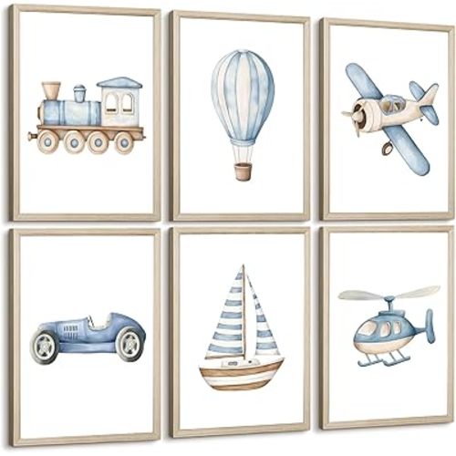 Baby Boy Nursery Wall Art Transportation Blue Car Canvas Prints Vintage Toddler Vehicle Pictures Decor Hot Air Balloon Airplane Nursery Poster for Kids Boys Room Bedroom 8x10x6 Inch Framed