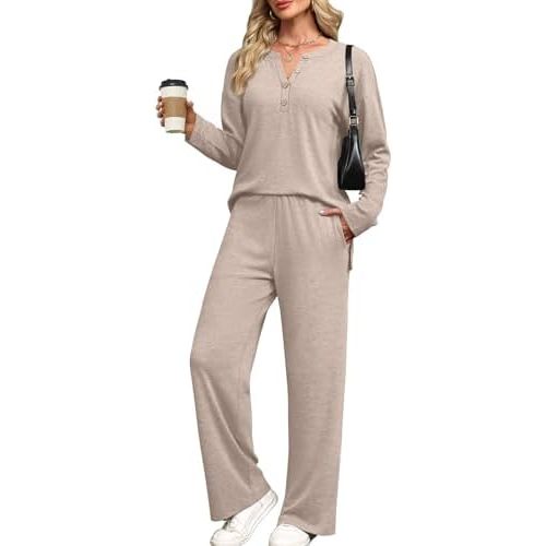 XIEERDUO Lounge Sets for Women 2 Piece V Neck Button Matching Sweatsuit Loungewear Fall Outfits Fashion Clothing Pajamas