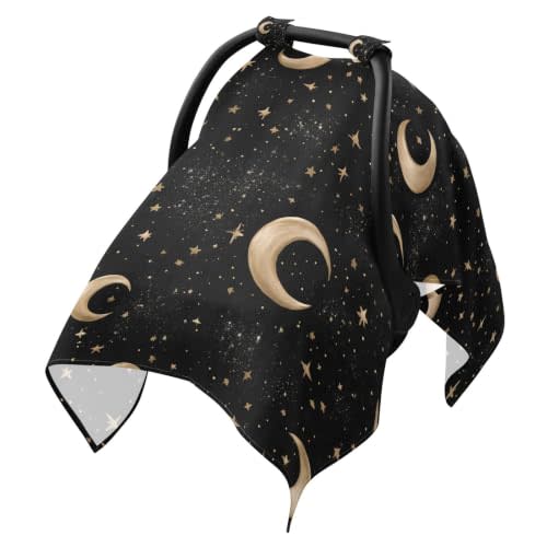 Baby Car Seat Cover - Soft, Lightweight Canopy for Sun, Large Size Infant Seat Cover Black Background Gold Stars