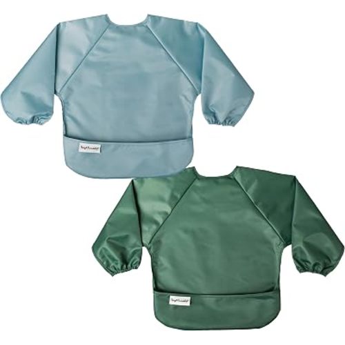Tiny Twinkle Long Sleeve Bib for Babies & Toddlers | 2-Pack Waterproof Smock Bib for Eating | Machine Washable & Mess-Proof Feeding Essentials | Newborn Shower Gift (Slate Olive,6–24M)