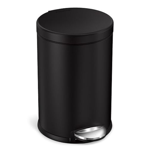 simplehuman Round Step Can, 4.5L / 1.2 Gallon Compact Bathroom Trash Can, 150,000-Step Pedal, Lid Shox® Silent Close, Removable Inner Bucket, Matte Black Steel