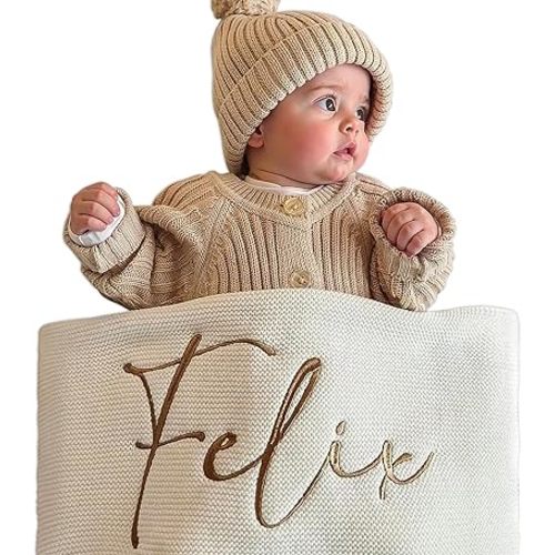 Manta personalizada con nombre de bebé, 35 x 45 pulgadas, hecha de algodón puro, cálida, transpirable, cómoda, manta de bebé personalizada para regalos de bebé personalizados, unisex para recién