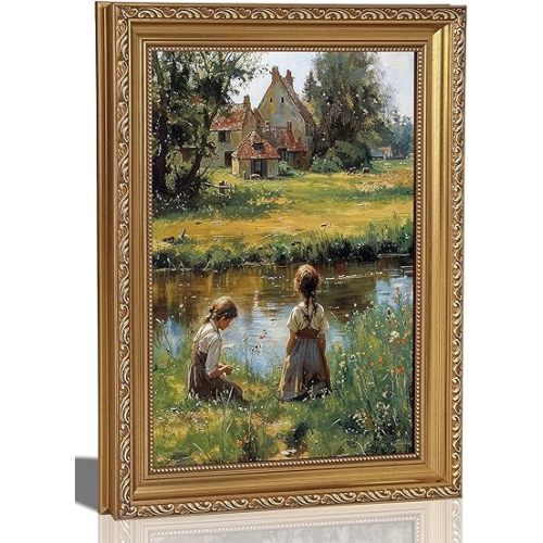 Vintage Gold Frame Living Room Canvas Wall Art Retro Scene With Girls Painting Picture Wall Decor Riverside on The Edge of the Countryside Poster Print Artwork for Room Nursery Home Decoration 9x11in