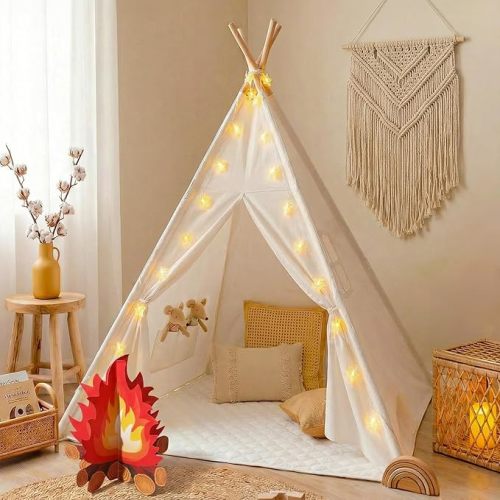 Teepee Tent with Starry Lights, Ground Mat and Pockets, Kids Teepee Tents for Indoor & Outdoor Use, Foldable Play Tents for Boys & Girls, Washable Toddler Play Tent for Birthdays & Holidays