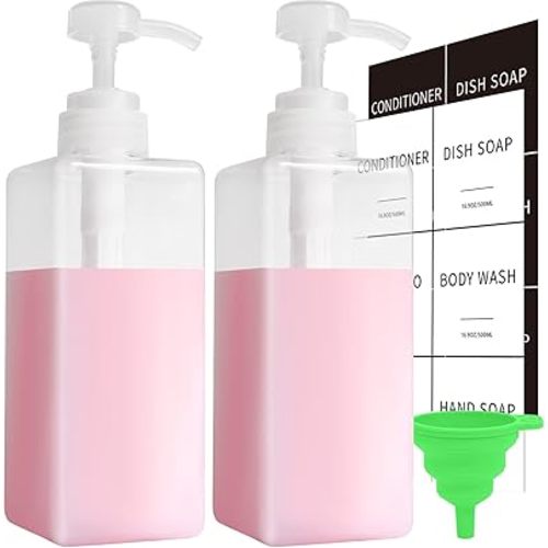 Clear Soap Dispenser with Waterproof Labels, Thickened Plastic Hand Soap Dispenser for Bathroom, Kitchen Dish Washing Liquid Bottles, Shampoo and Conditioner Bottles with Funnel (16oz 2Pack Clear)
