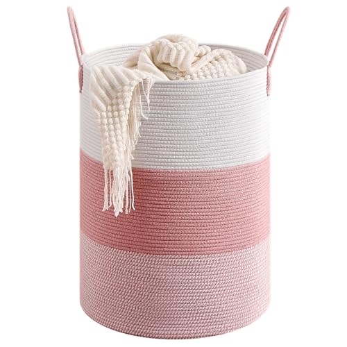 CLHMILY&Z 100L Laundry Basket Round Storage Rope Basket - 18.1x24 Inches - Pink Hamper in Bedreoom and Cute Storage Bin for Blankets, Toys, and Nursery Essentials
