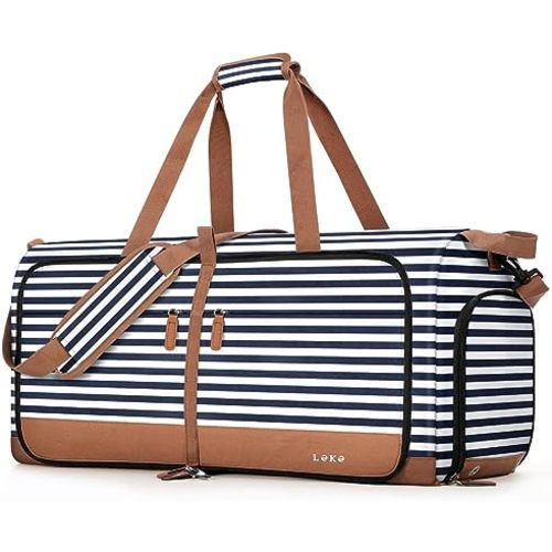 Lekesky Foldable Travel Duffle Bag for Women, 80L Large Duffel Bag with Separate Shoes Compartments & Straps, Carry On Weekend Bag for Women, Hospital, Overnight (Blue Stripes)