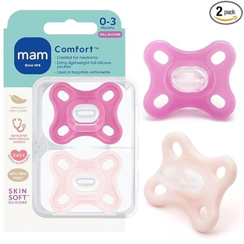 MAM Comfort Baby Pacifier 0-3 Months Specially for Smaller Newborn Mouths, Lightweight One-Piece BPA-Free Silicone, Easy to Clean, Best for Breastfed Babies, 2 Pk, Sterilizer Case, Made in Europe