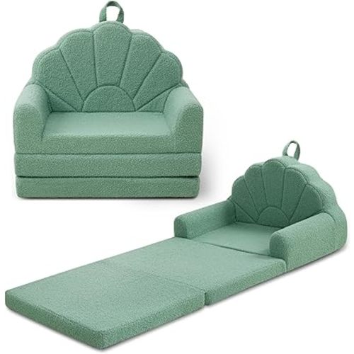 Toddler Chair for Kids, 2-in-1 Soft Couches That Fold Out for Toddler, Convertible Baby Sofa to Lounger for Playroom with Cute Petal Design, Green