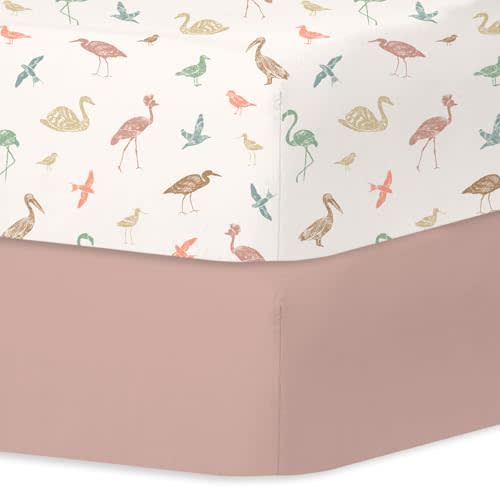 Little Grape Land Crib Sheets for Boys and Girls, 2pk Baby Crib Fitted Sheet for Standard Size Crib and Toddler Mattress, Super Soft Baby Sheet, Wetland Birds
