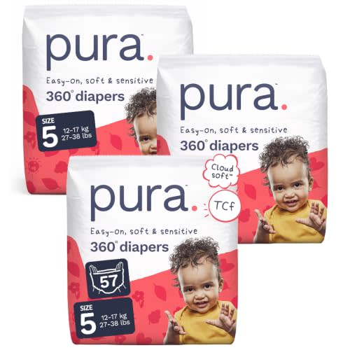 Pura 360° Stretch Diaper Pants Size 5 (27-38 lbs) 57 Count | 360° Stretchy Fit, Easy Pull Up & Down, Cloud Soft for Sensitive Skin, Totally Chlorine Free*, Allergy UK Certified