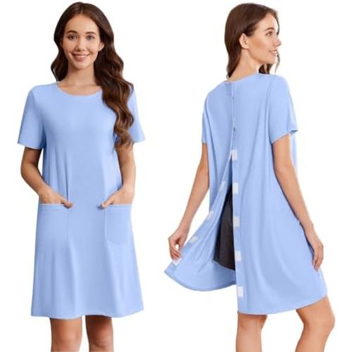 Deyeek Open Back Hospital Gowns for Women Tear Away Short Sleeve Post Surgery Soft Nightgowns for Elderly Women With Pocket