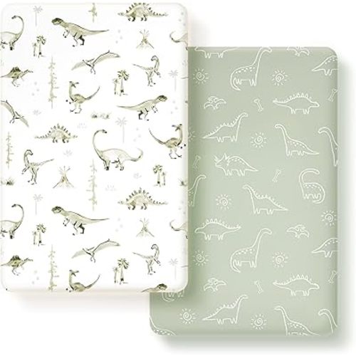 GRSSDER Pack n Play Sheets Fitted 2 Pack, Stretchy Ultra Soft Pack and Play Sheets, Universal Fitted Portable/Mini Crib Mattresses Snug and Safe, Jersey Crib Sheets for Boys, Dinosaurs