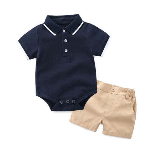 2 Piece Cotton Top + Shorts Set - blue & khaki