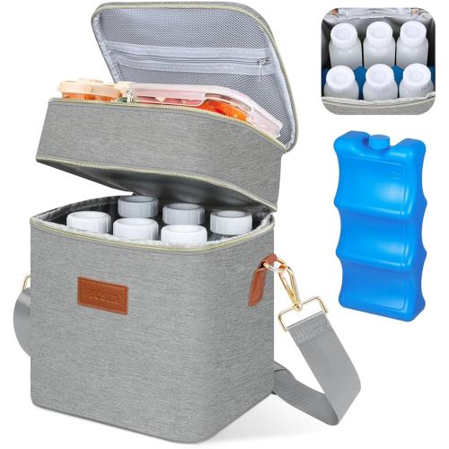 PIIOSER Breastmilk Cooler Bag with Ice Pack Fits 6 Baby Bottles Up to 9 Ounce, Insulated Baby Bottle Tote Bags, Double Layer Waterproof Leak-Proof with Shoulder Strap for Nursing & Working Mom (Grey)