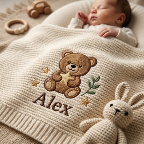 Personalized Bear Embroidered Baby Blanket, Custom Name Woodland Cabin Nursery Keepsake, Star Toddler Blanket