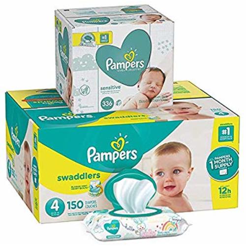 Pampers Swaddlers Disposable Baby Diapers Size 4, 150 Count and Baby Wipes Sensitive  Pop-Top Packs, 336 Count