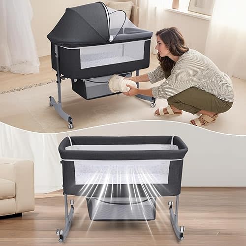 4 in 1 Baby Bassinet, Bedside Sleeper, & Playpen, Folding, Adjustable, Rocking, Portable Crib - Bassinet