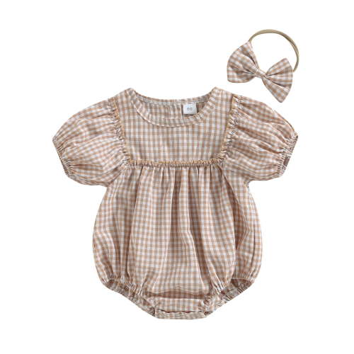 Musuos Baby Girl 2Pcs Summer Outfits, 3M 6M 12M 18M Short Puff Sleeve Plaid Print Romper with Bow Headband Set Cute Clothing