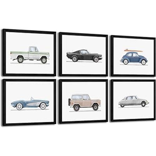 Blue Car Wall Art Decor Boys Room Wall Art Vintage Cars Canvas Poster Pictures Toddler Kids Room Prints Watercolor Vehicle Artwork Painting for Boys Bedroom Nursery 8x10 Inch Black Framed Set of 6