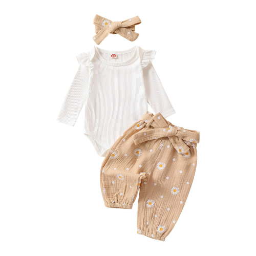 Girl Ropa De Bebe NiÃ±A Baby Girls Clothes Ribbed Ruffled Romper+Floral Pants+Headband Outfit Set Beige 18-24 Months