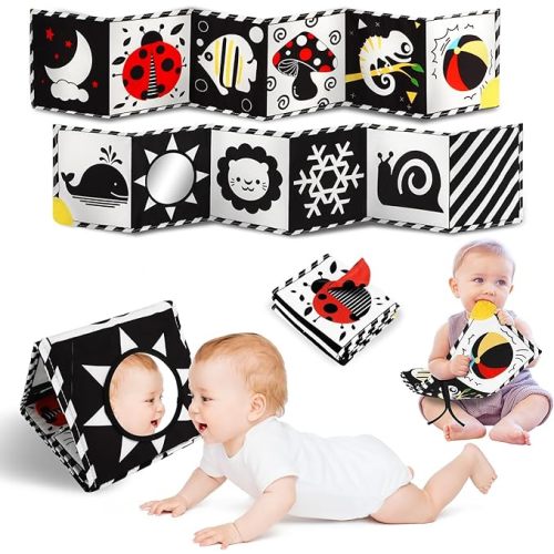 Tummy Time Toys, High Contrast Baby Book with Mirror & Teether, Black and White Infant Books, 0-6-12 Months Soft Book for Newborn, Sensory Books, Tummy Time Car Seat Toys 0-6 Month Boy Girl Gift