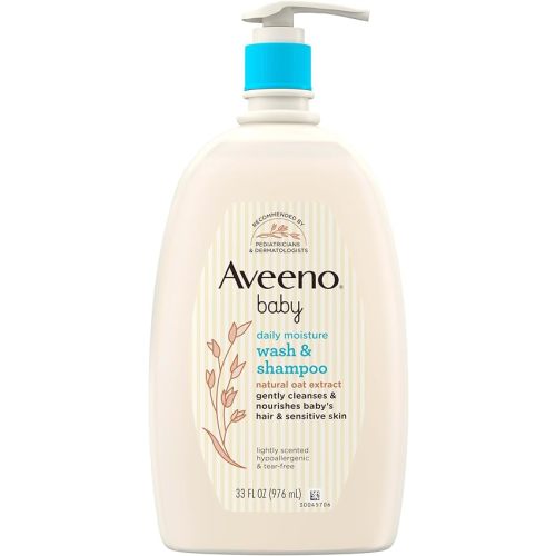 Aveeno Baby Daily Moisture Gentle Body Wash & Shampoo with Oat Extract, 2-in-1 Baby Bath Wash & Hair Shampoo, Tear- & Paraben-Free for Hair & Sensitive Skin, Lightly Scented, 18 fl. oz
