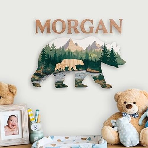 Personalized Nursery Sign, Animals Wooden Sign with Name, Hello World Newborn Sign, Bear Sign for Kid Room Decor, Baby Gifts for Boy, Custom Baby Name Sign, Baby Boy Wall Art Bedroom