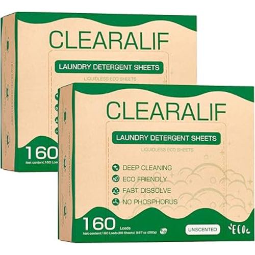 CLEARALIF Laundry Detergent Sheets up to 320 Loads (160 sheets), Unscented, Laundry Detergent Strips Eco Friendly & Hypoallergenic (160 Count,Pack of 2)