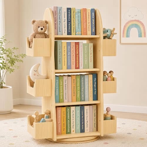 Small Rotating Book Shelf for Toddler Room 4 Tier Wood Swivel Bookcase | Ergonomic low ground reach allows small arms to independently browse and clean up belongings after study