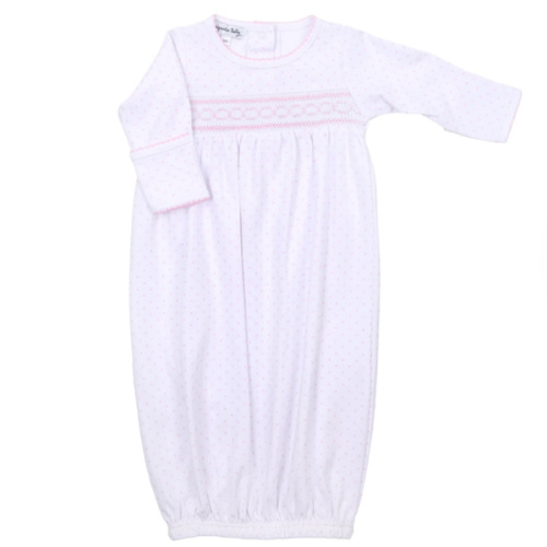 Magnolia Baby Girl Mini Dots Smocked Gathered Gown - Pink