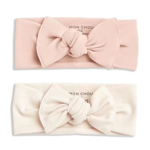 MON CHOU Baby Headbands - Set of 2 Organic Cotton Headbands for Baby Girls - Ultra Soft, 100% Pima Cotton Infant Hair Bows (Ivory & Bloom)