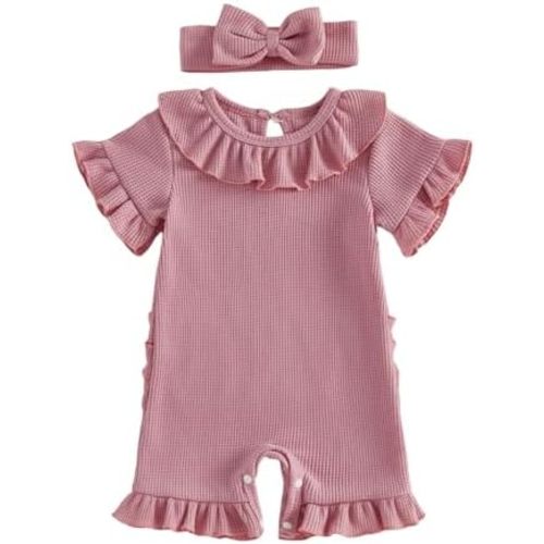 Infant Baby Girl Summer Outfit Crew Neck Ruffle Short Sleeve Solid Color Romper Jumpsuit Newborn Waffle Clothes