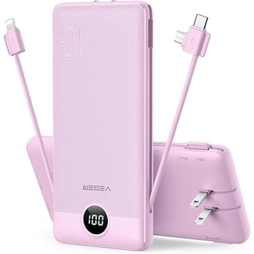 VEGER Portable Charger with Built-in AC Plug and Cables, All in One 10000mAh Ultra Slim Power Bank Travel Essentials, Fast Charging Battery Pack Compatible with iPhone, Samsung, Android (Purple)