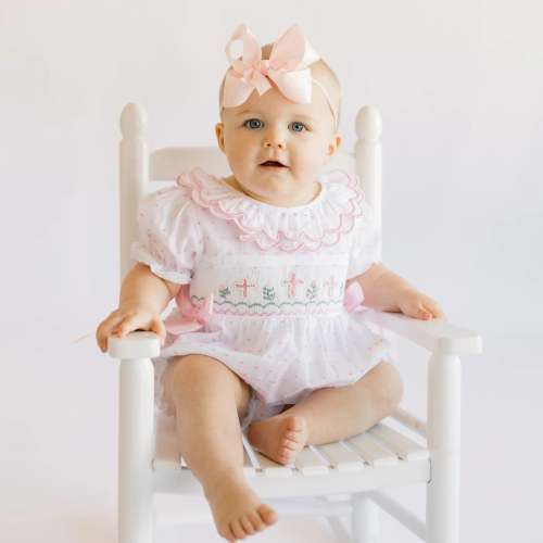 Pink Swiss Dot Pearl Smocked Crosses Bubble – Little Bear Smocks