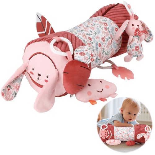 Blublu Park Tummy Time Pillow with Detachable Sensory Toys for Babies Inflatable Design Baby Girl Toys 3-6 Months with Tummy Time Mirror Rattles Teether Baby Girl Gifts Rabbit