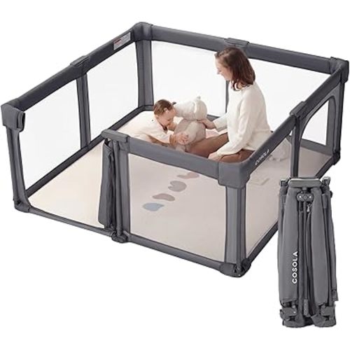 Baby Playpen Portable, Pre-Assembled Play Pen 59x59 Large Foldable Playpen for Babies and Toddlers, Sturdy and Safe Toddler Play Yard Indoor Outdoor with Carry Bag,Dark Grey