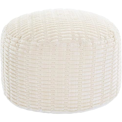 HOMBYS Unstuffed Ottoman Pouf Cover,Round Faux Fur Foot Stool, Fuzzy Chair, Floor Bean Bag(No Filler),Foot Rest with Storage for Living Room, Bedroom, Office, Striped Tufted (Beige)